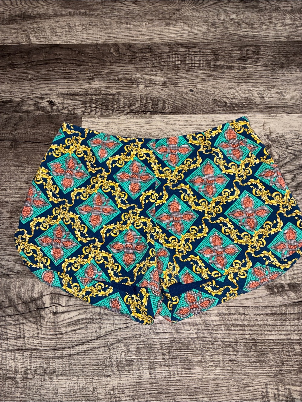 Patterned Navy Women's Shorts with Teal and Coral Accents XS